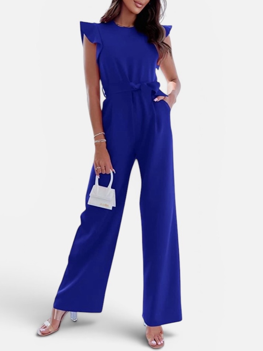 Bold Blue Flutter Cap Sleeves Belted High Waist Wide Leg Romper Jumpsuit XXL NWT
